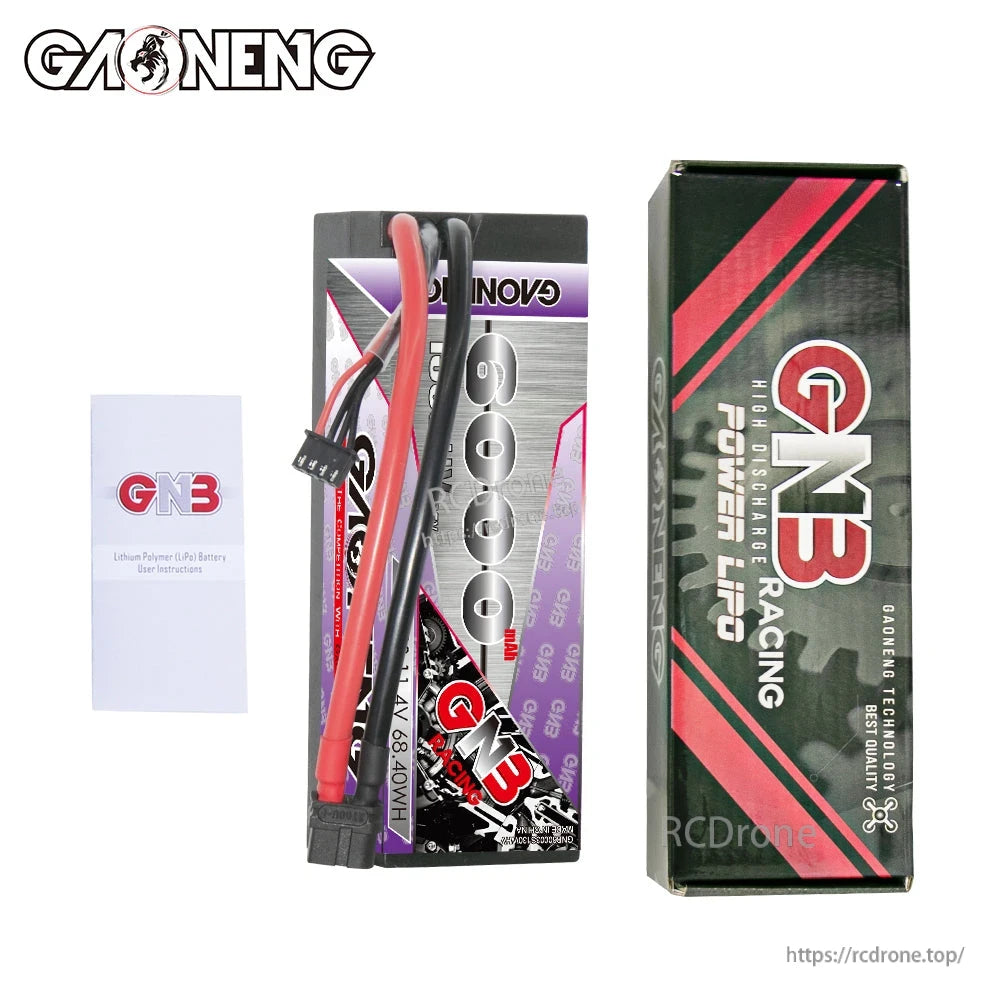 Package contents shown: GAONENG GNB LiPo battery, GNB Racing box, and user instructions leaflet