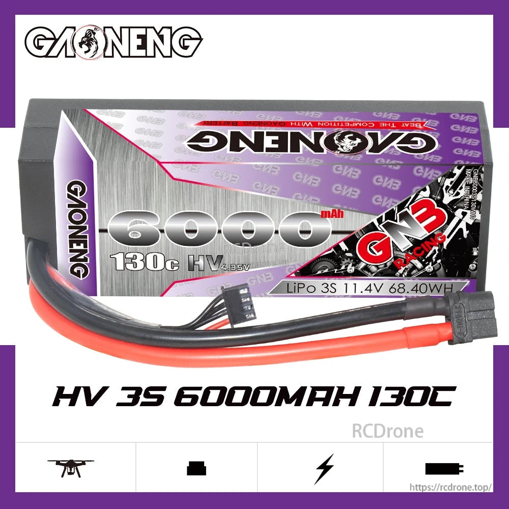 GAONENG GNB 3S 11.4V 6000mAh 130C LiHV LiPo battery graphic with lead and balance connector