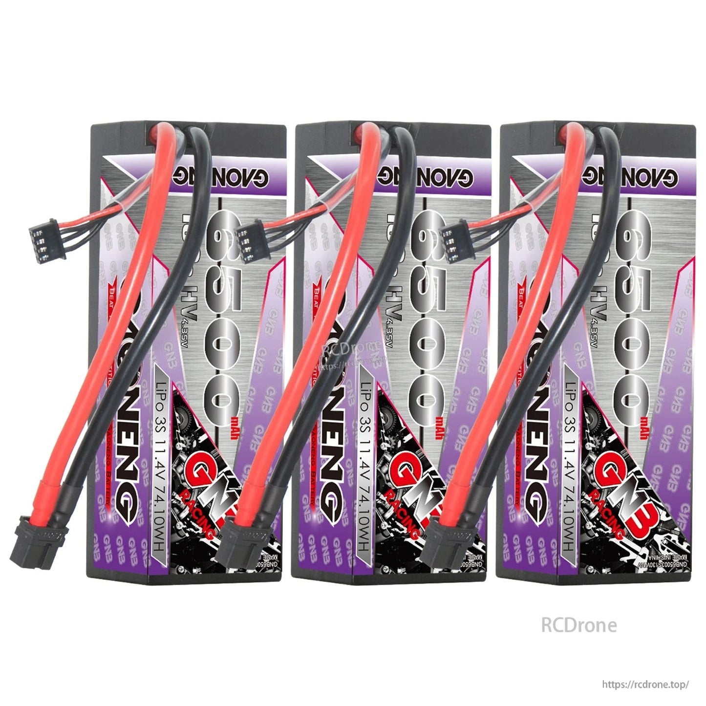 Three GAONENG GNB hard case LiPo batteries shown together with XT60 leads and balance connectors