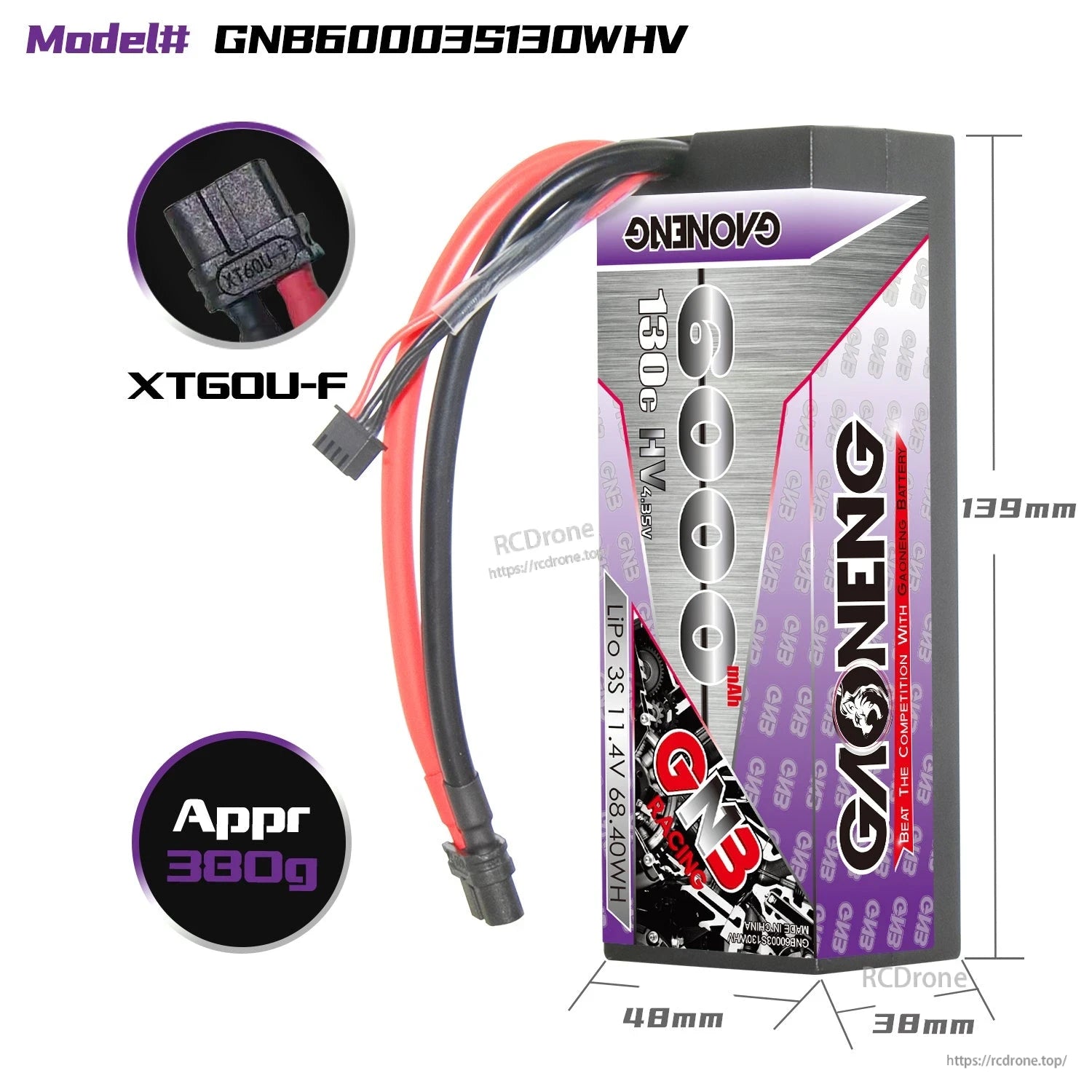Battery size and weight diagram with XT60U-F connector close-up, approx 139×48×38mm, 380g
