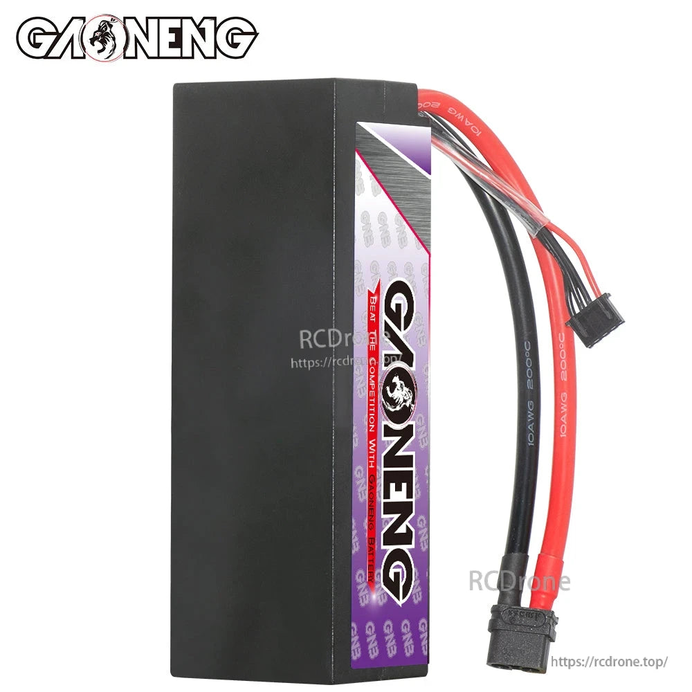 Side view of GAONENG hard case battery showing thickness and lead routing with XT60 and balance plug