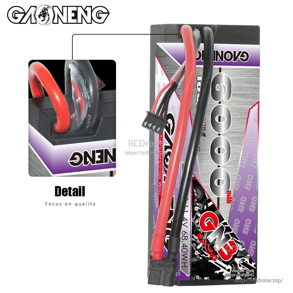 Close-up detail of GAONENG hard case LiPo wire exit and strain relief, red/black silicone leads