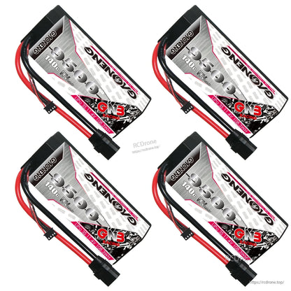 Four angled views of the GAONENG GNB 9500mAh 3S LiHV hard case LiPo battery with cables visible