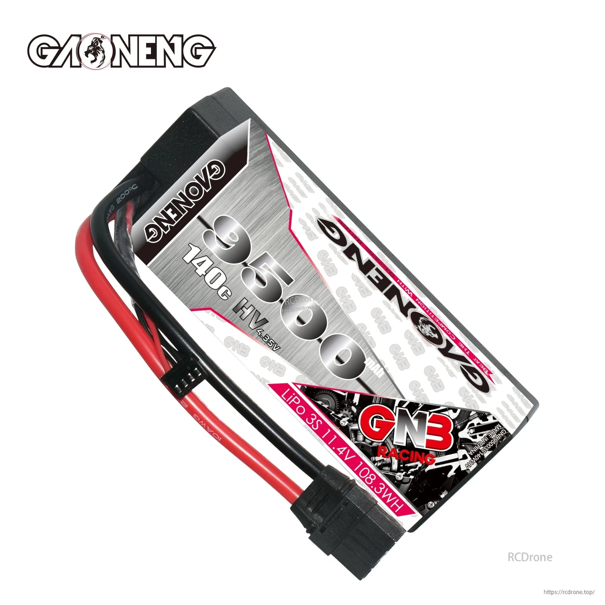 Angled top view of GAONENG GNB 9500mAh 3S LiHV hard case LiPo showing label and cables