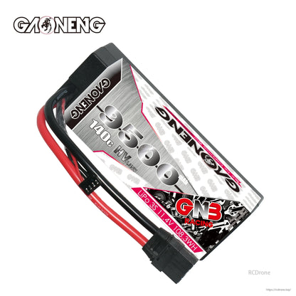 Angled top view of GAONENG GNB 9500mAh 3S LiHV hard case LiPo showing label and cables