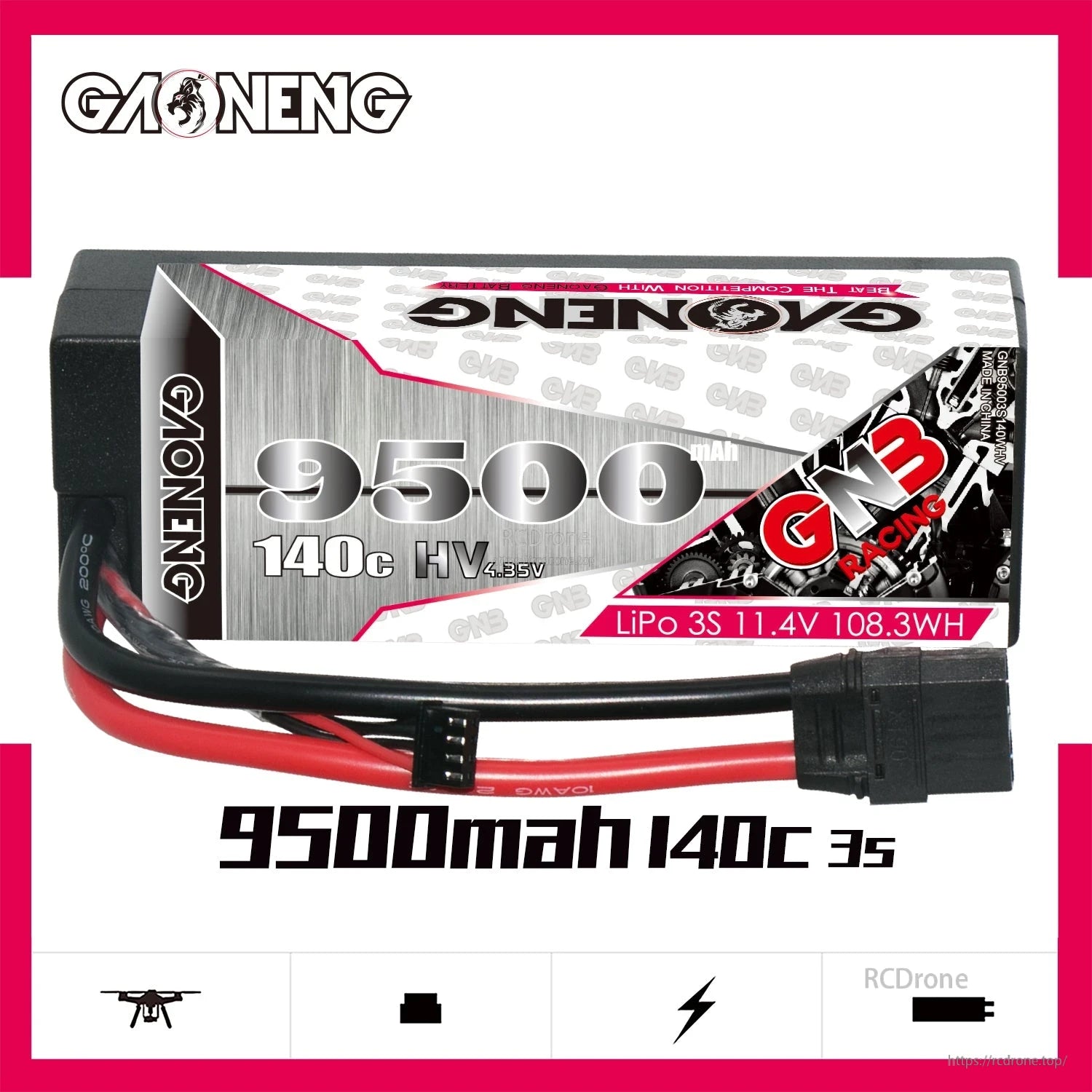 Side profile of GNB 3S 11.4V 9500mAh 140C LiHV hard case LiPo battery with XT90 connector