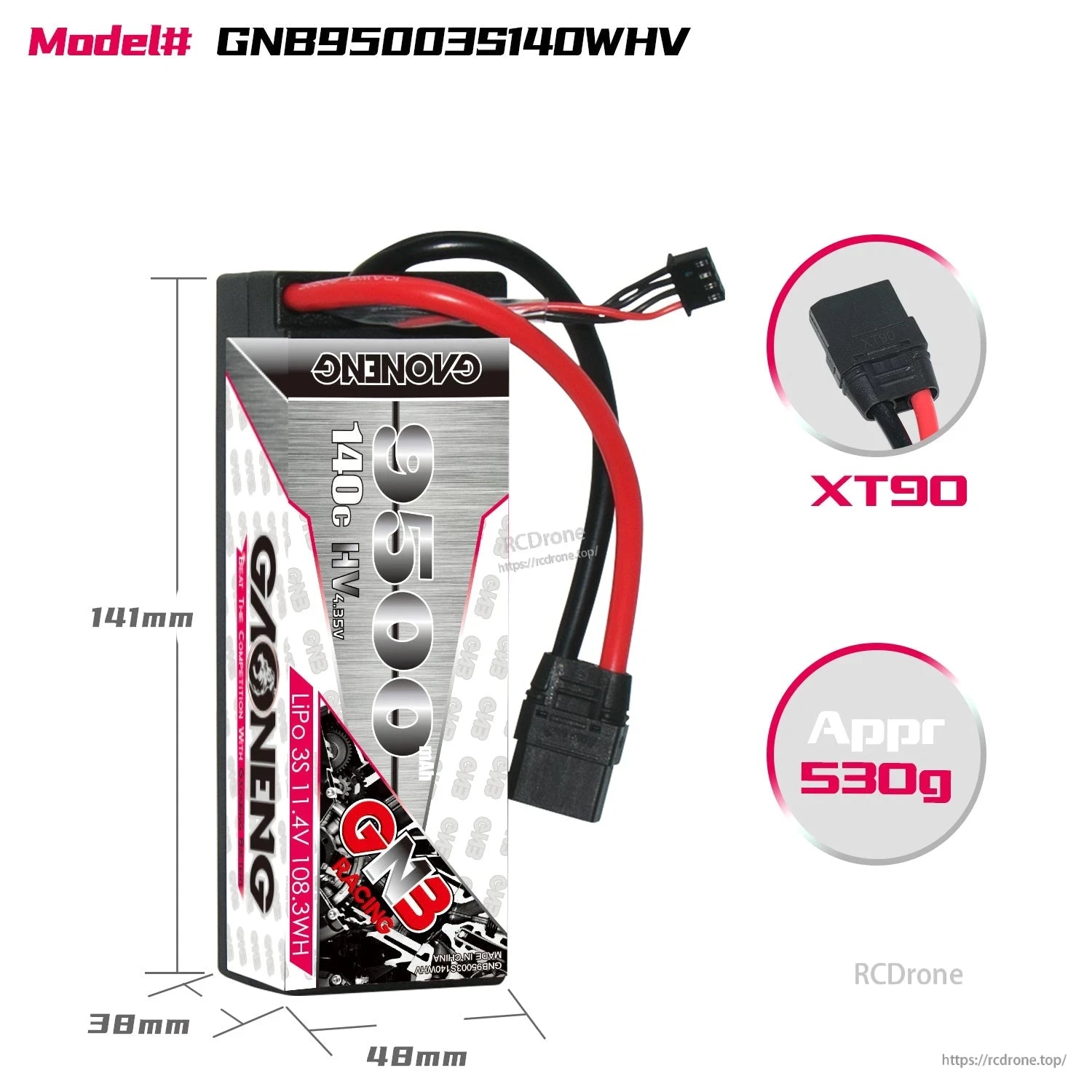 Battery dimensions and weight chart: GNB95003S140WHV, XT90 plug, approx 530g, 141×48×38mm