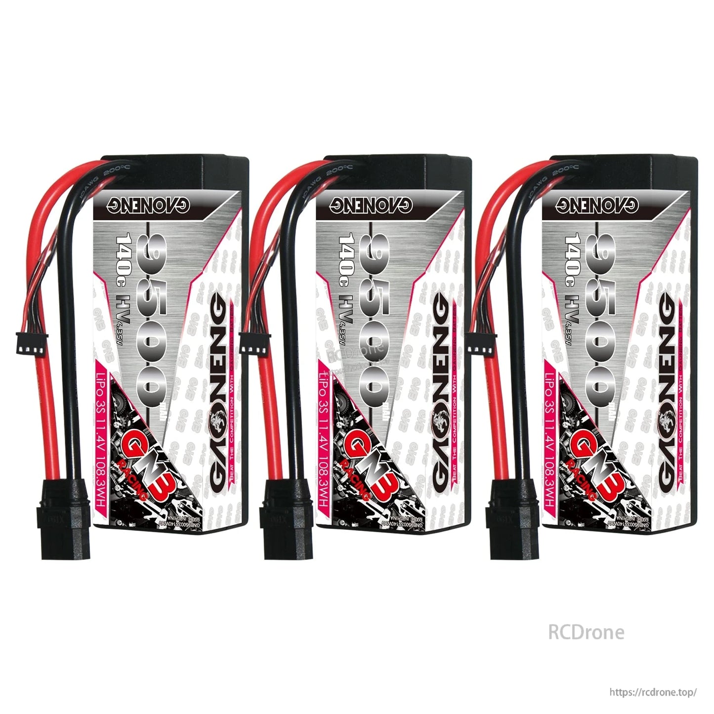 Three GAONENG GNB 9500mAh 3S LiHV hard case LiPo batteries shown together (multi-pack display)