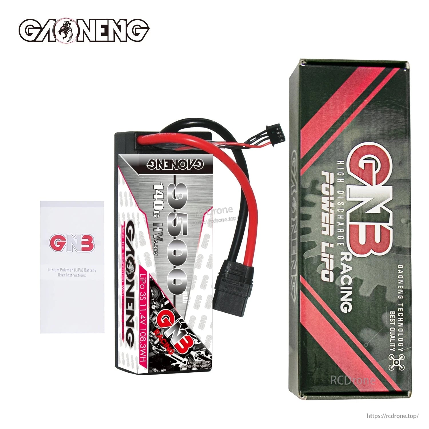 Package contents: GAONENG GNB 9500mAh 3S hard case LiPo battery, GN3 box, and user manual