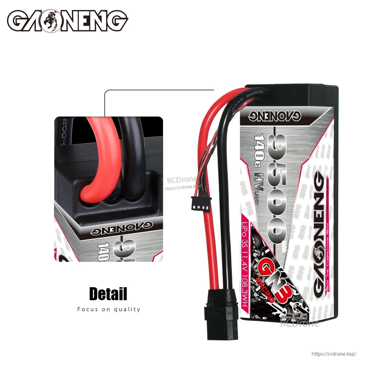 Close-up detail of hard case wire exit and strain relief on GAONENG GNB 9500mAh LiHV battery