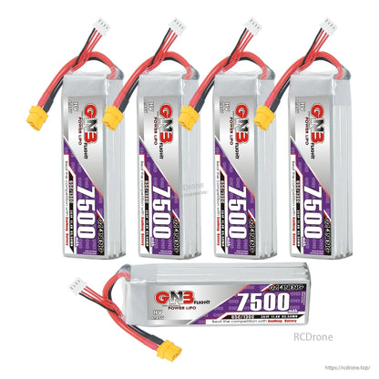 Set display of four upright GNB 7500mAh packs plus one horizontal pack showing label and XT60 lead