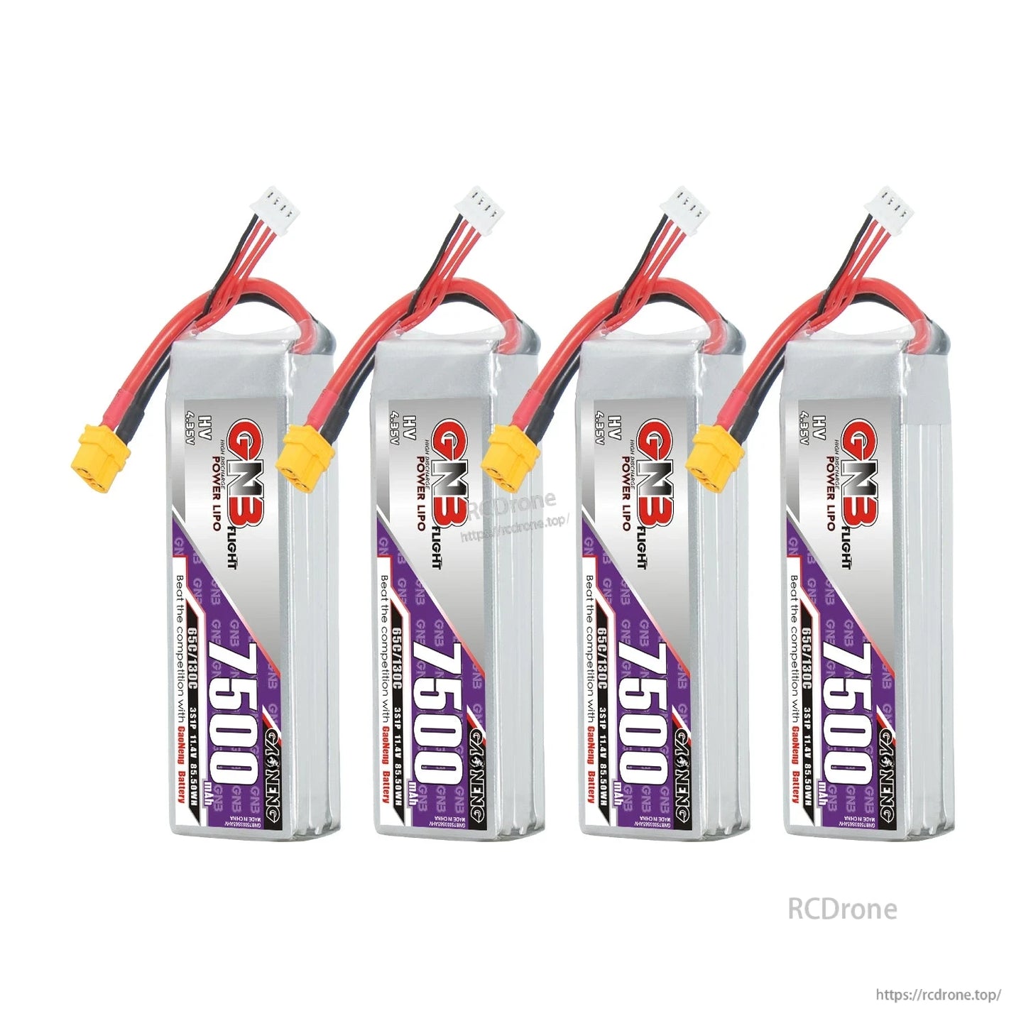 Four-pack group of GNB 7500mAh LiHV batteries lined up with XT60 connectors and balance plugs