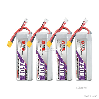 Four-pack group of GNB 7500mAh LiHV batteries lined up with XT60 connectors and balance plugs