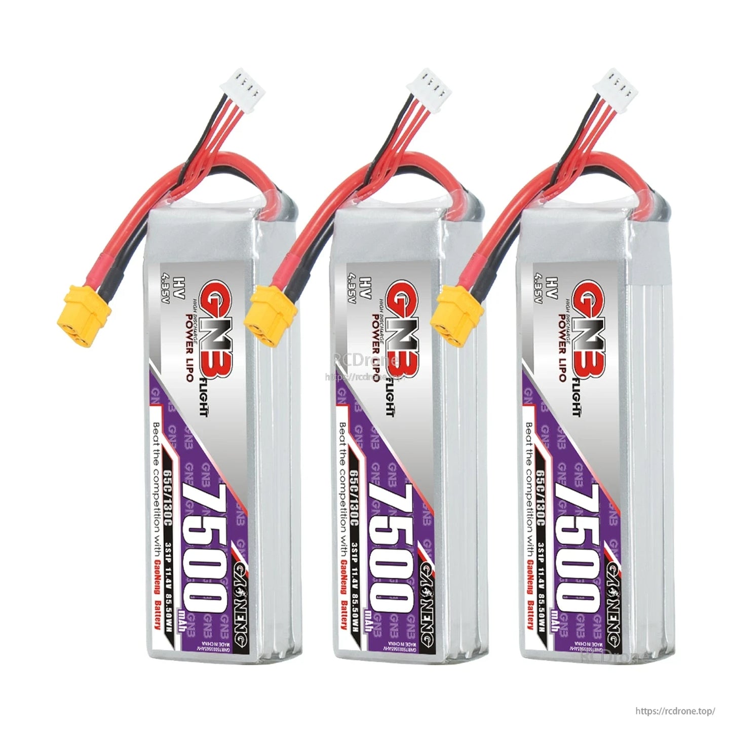 Three-pack group of GNB 7500mAh LiHV batteries, each with XT60 connector and balance lead