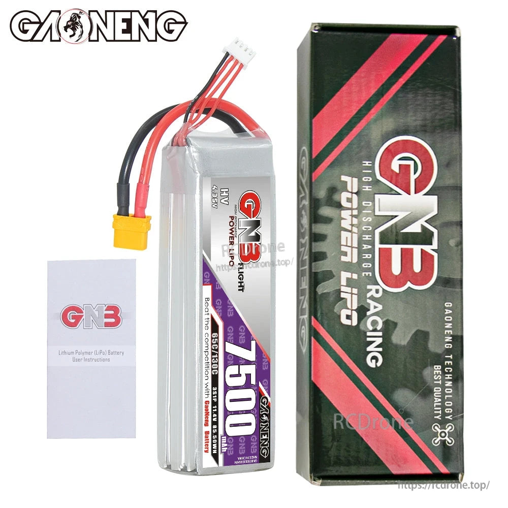 Package contents: GNB 7500mAh battery, GNB Racing Power LiPo box, and user instructions booklet