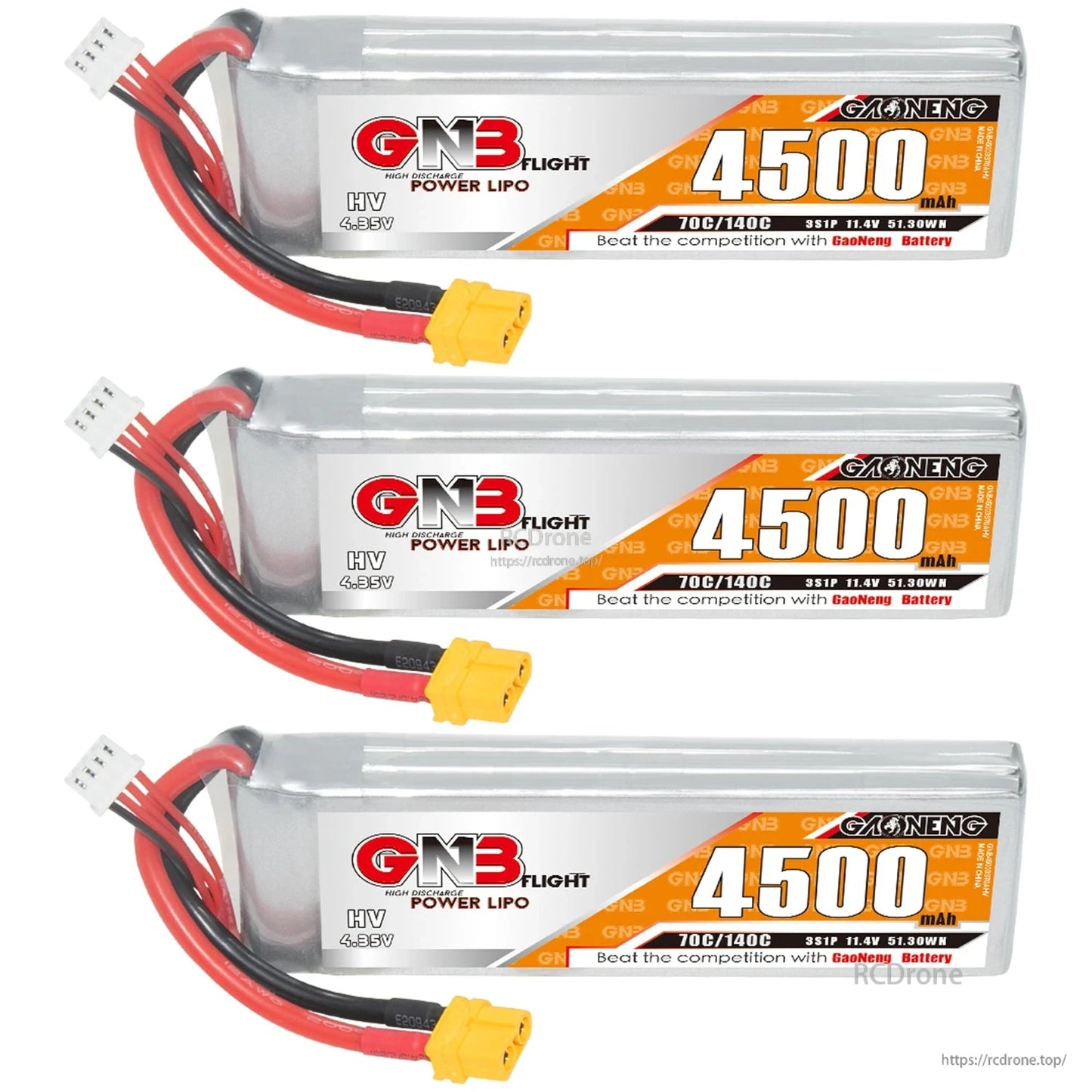 Three GNB 4500mAh 3S LiHV LiPo batteries bundle, each with XT60 connector and balance lead