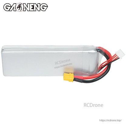 Rear view of LiPo pack showing plain silver shrink wrap, XT60 lead and balance connector