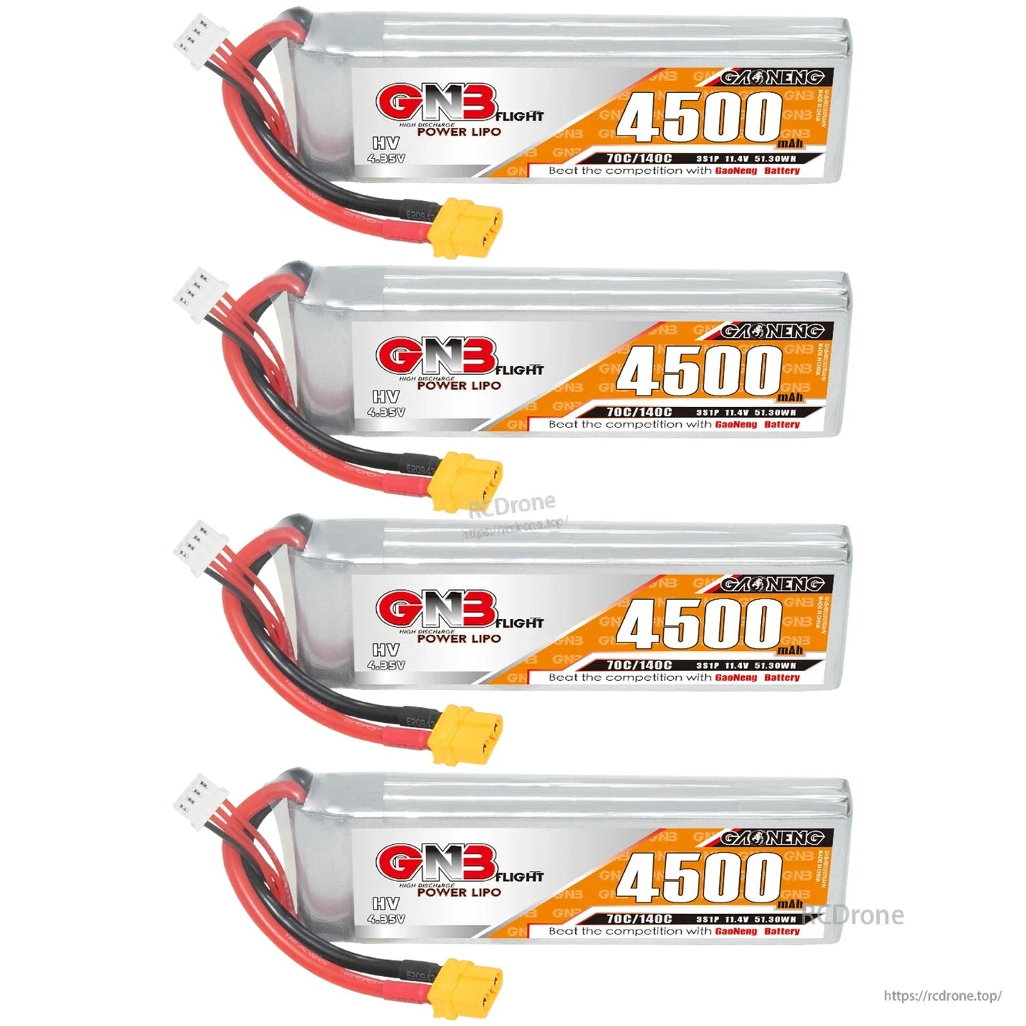 Four-pack set of GNB 4500mAh 3S HV LiPo batteries lined up with XT60 connectors