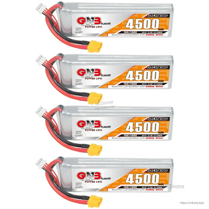 Four-pack set of GNB 4500mAh 3S HV LiPo batteries lined up with XT60 connectors