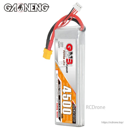 Side profile of GNB 4500mAh LiPo battery showing thickness and wire exit at top