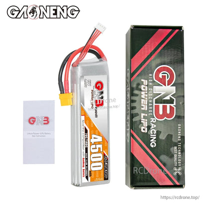 Package contents: GNB 4500mAh battery, GNB Racing box, and user instructions card