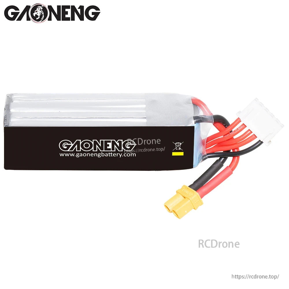 Rear view of GAONENG battery showing black label side and XT30 lead routing