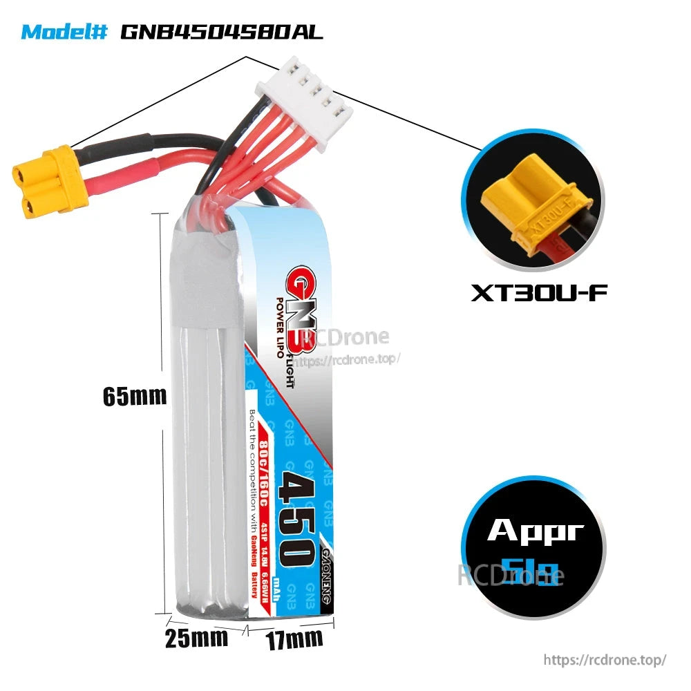 Battery dimensions diagram with XT30U-F connector close-up for GNB 450mAh 4S LiPo pack