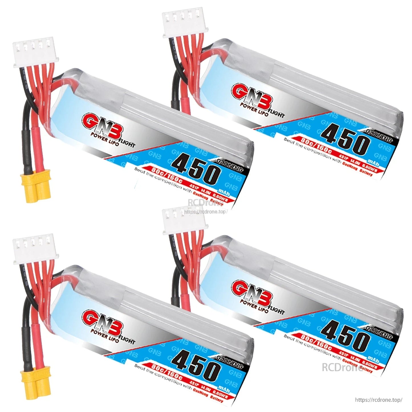 Four-pack set of GNB 450mAh 4S LiPo batteries on white background with visible XT30 plugs