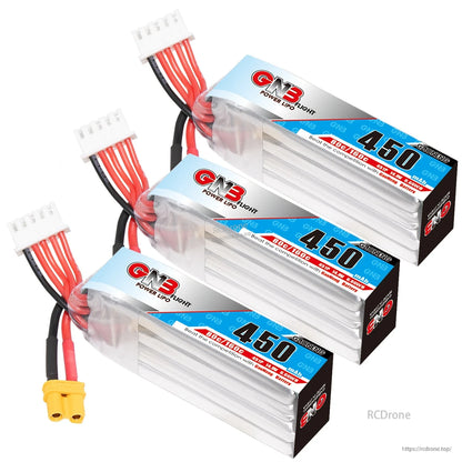 Three GNB 450mAh 4S LiPo batteries bundle, angled stack with XT30 connectors and balance leads
