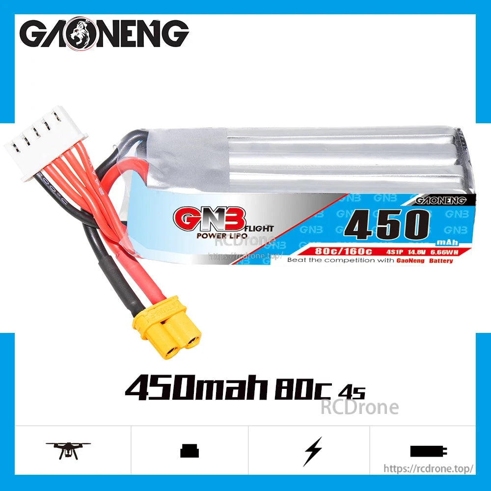 GAONENG GNB 450mAh 4S 14.8V 80C LiPo battery front label graphic on white background