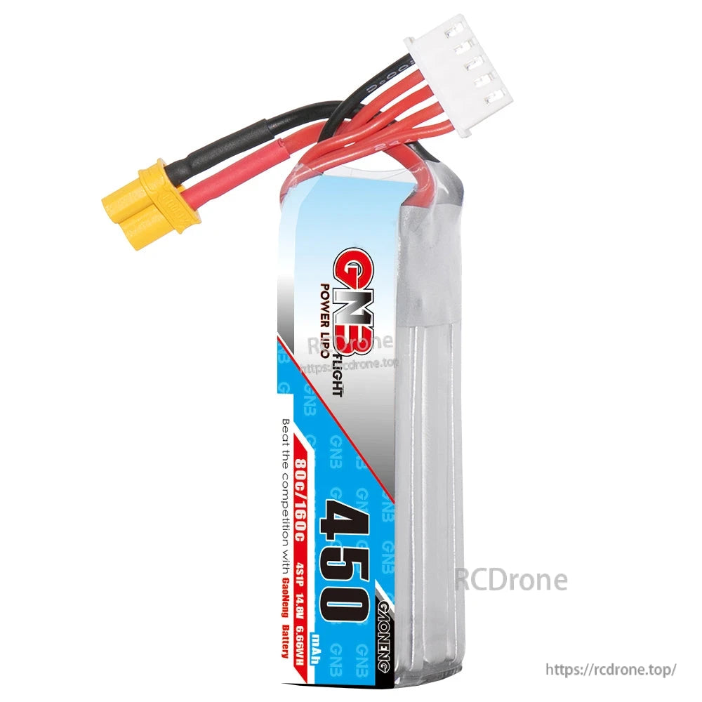 Standing side view of GNB 450mAh 4S LiPo battery showing thickness and wire exit