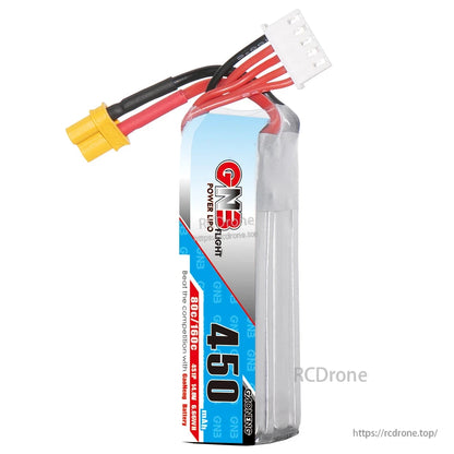Standing side view of GNB 450mAh 4S LiPo battery showing thickness and wire exit