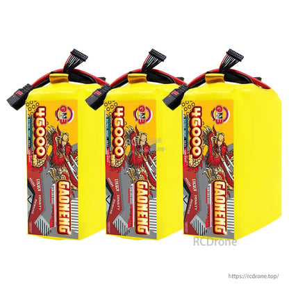 Three-pack set of GAONENG 46000mAh batteries aligned to show label side and connectors