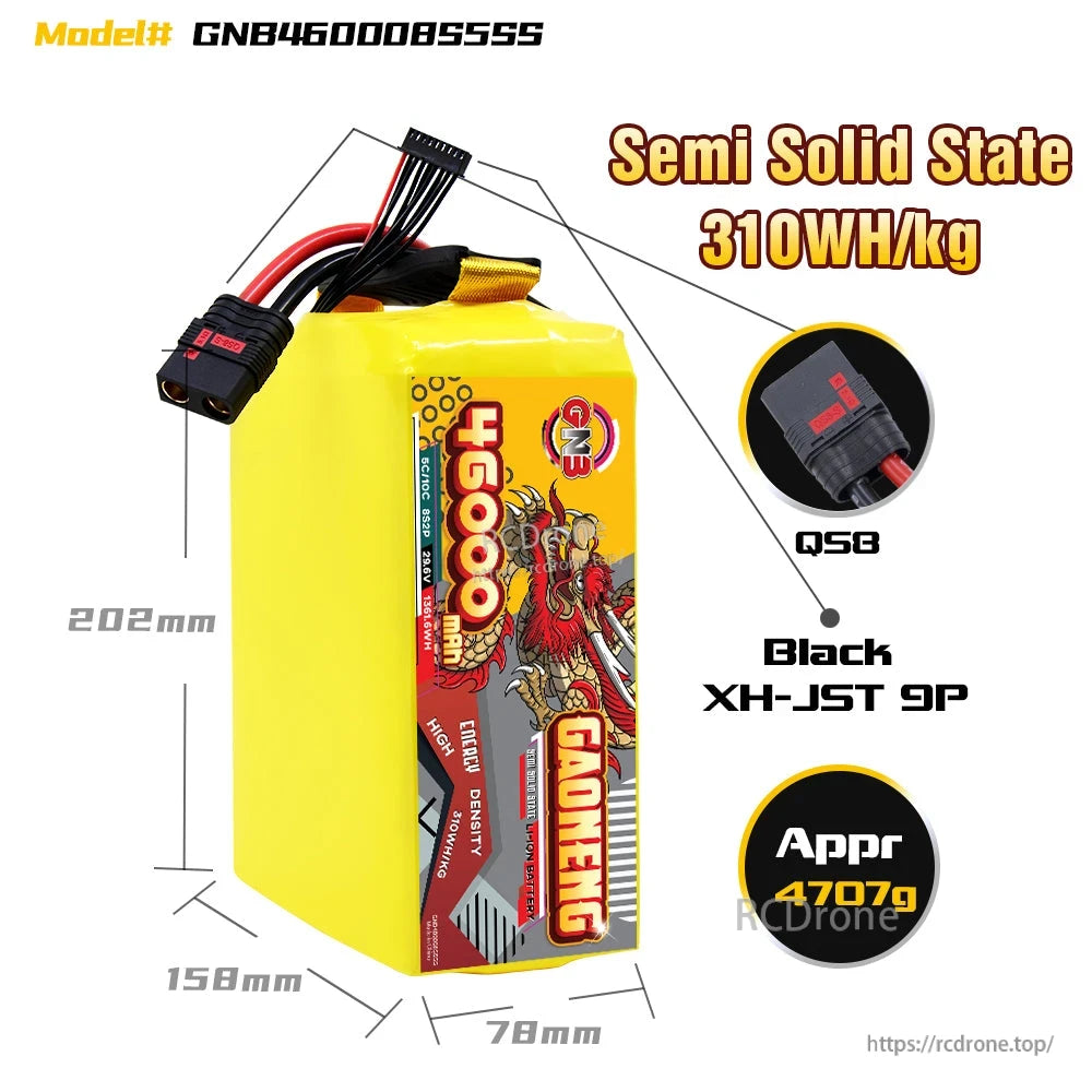 Battery size and connector diagram showing dimensions plus QS8 discharge and XH-JST 9P balance plug