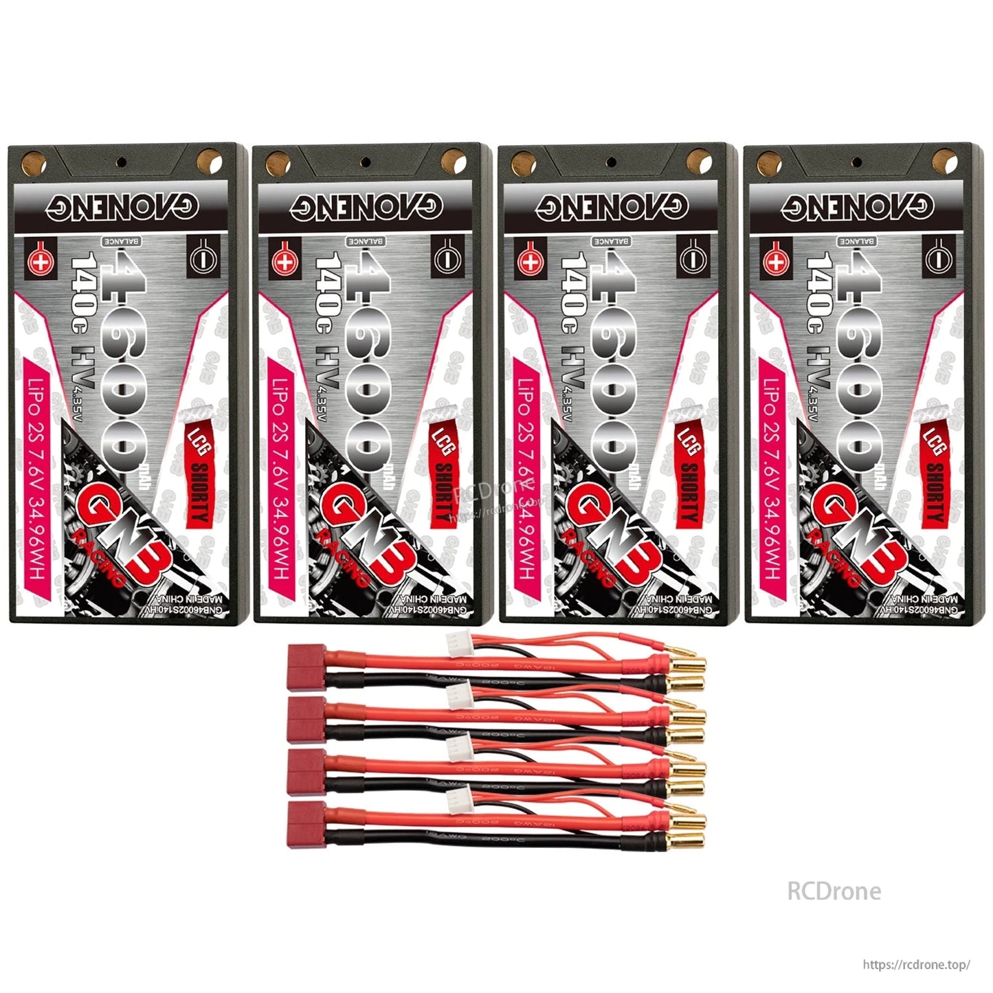 Four-pack GNB 4600mAh shorty hard case LiPo batteries with red T-plug style leads and 5mm bullets