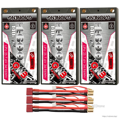 Three-pack GNB 4600mAh shorty hard case LiPo batteries with red T-plug style leads and 5mm bullets