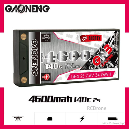 GAONENG GNB 4600mAh 140C 2S LiHV shorty hard case battery on spec banner graphic