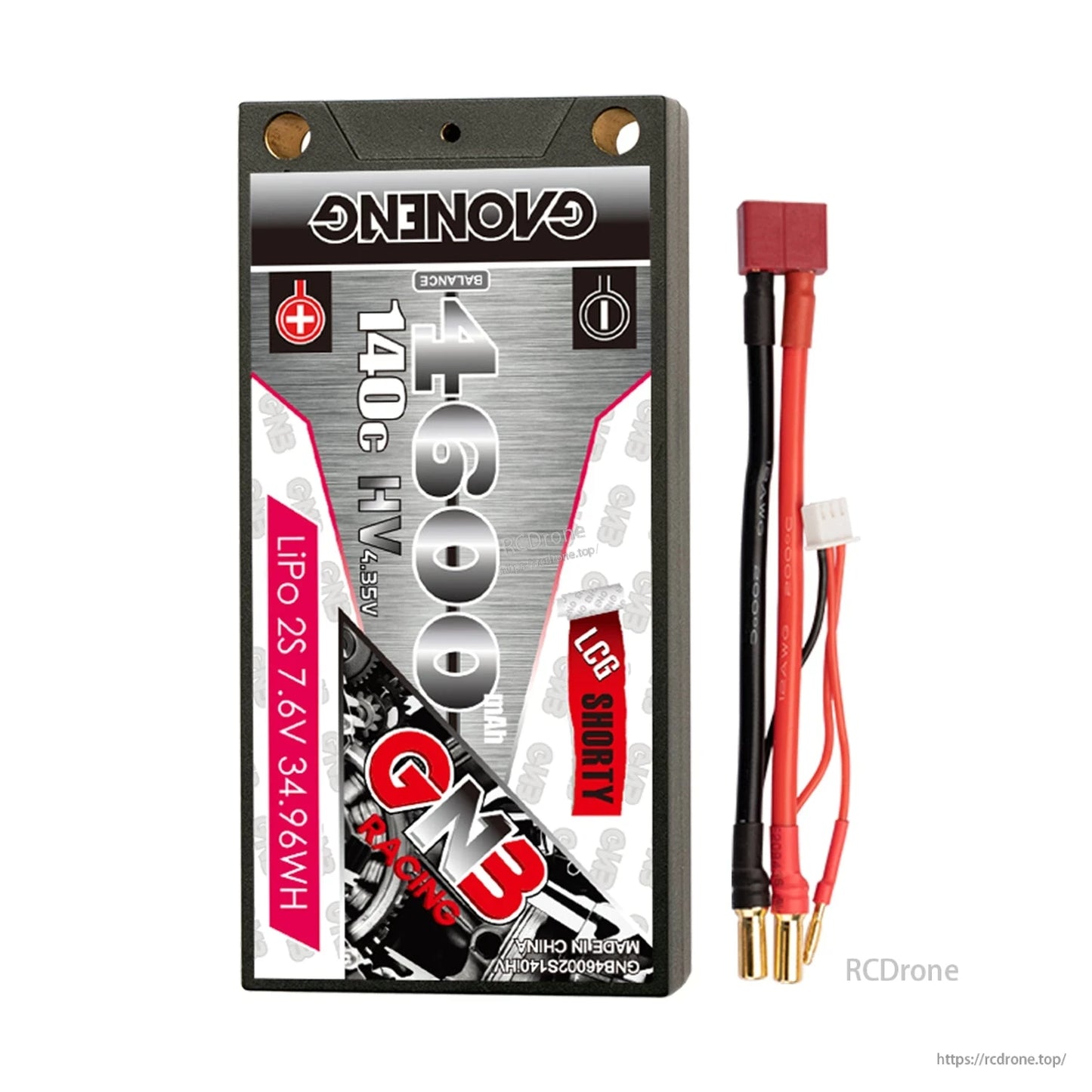 GNB 4600mAh 2S shorty hard case LiPo battery with red T-plug style lead, balance plug, and 5mm bullets