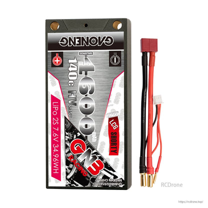 GNB 4600mAh 2S shorty hard case LiPo battery with red T-plug style lead, balance plug, and 5mm bullets