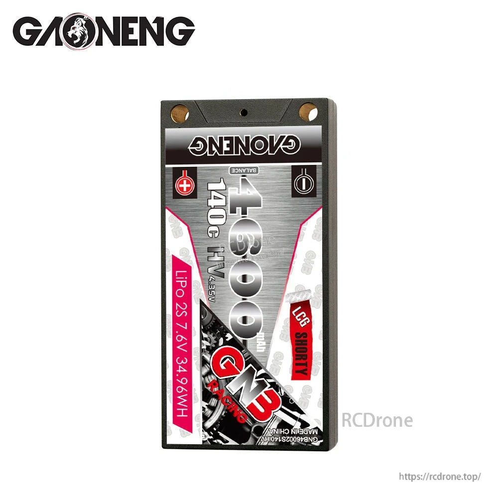 Front label view of GAONENG GNB shorty hard case LiPo pack, 4600mAh 2S 7.6V LiHV 140C