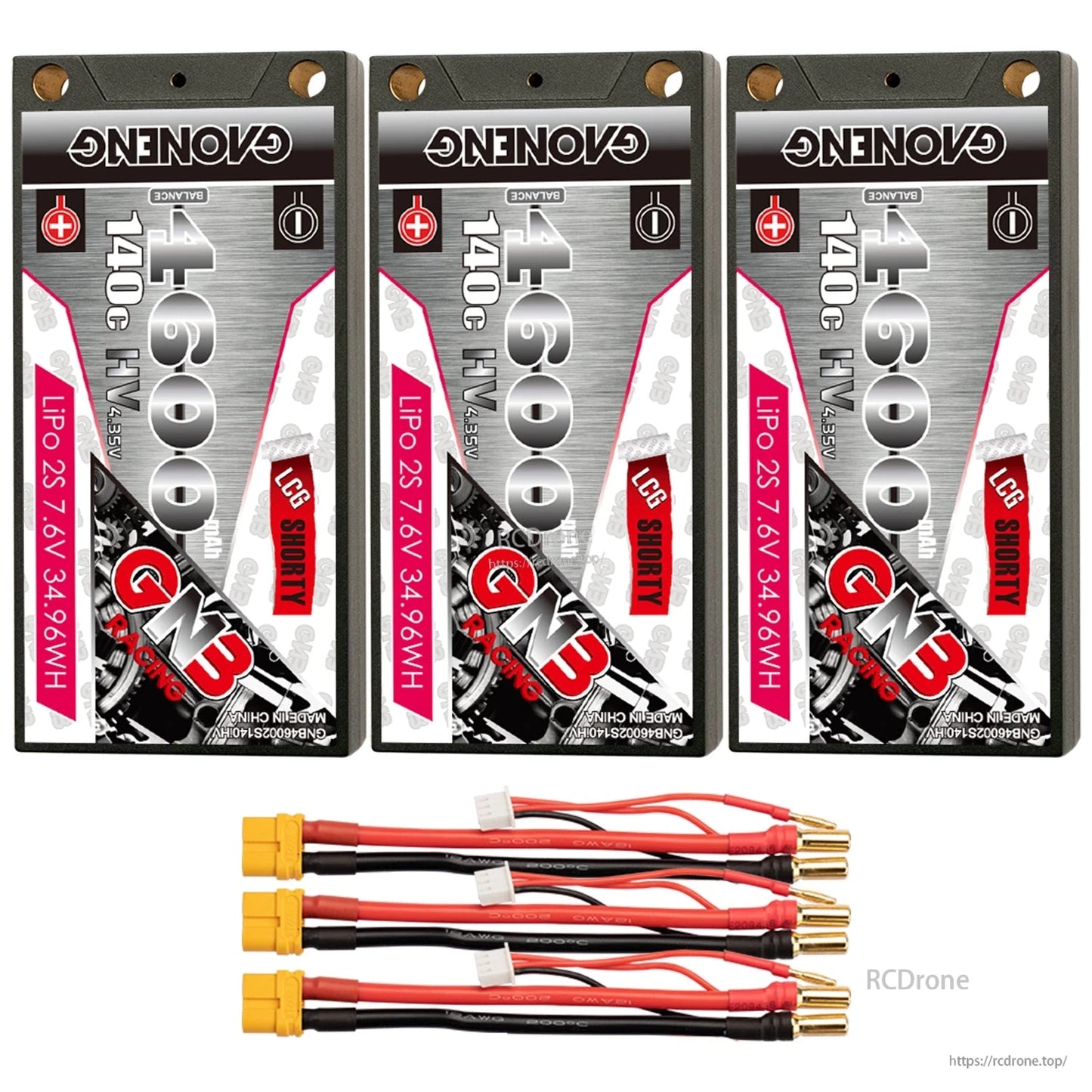 Three-pack GNB 4600mAh 2S shorty LiHV batteries with XT60 leads and 5mm bullet connectors