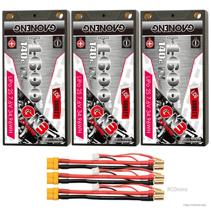 Three-pack GNB 4600mAh 2S shorty LiHV batteries with XT60 leads and 5mm bullet connectors