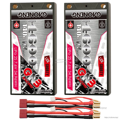 Two-pack GNB 4600mAh shorty hard case LiPo batteries with red T-plug style adapter leads and 5mm bullets