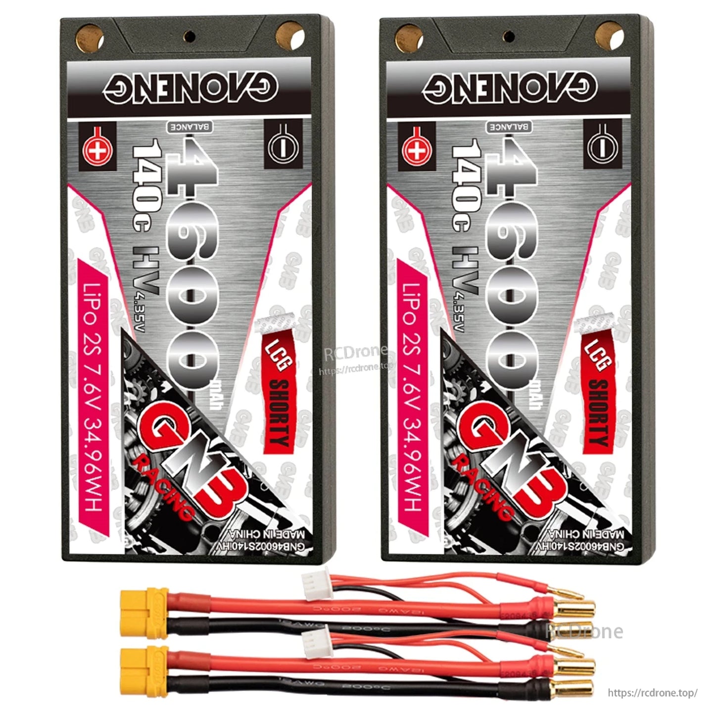 Two-pack GNB 4600mAh shorty hard case LiPo batteries with XT60 adapter leads and 5mm bullets