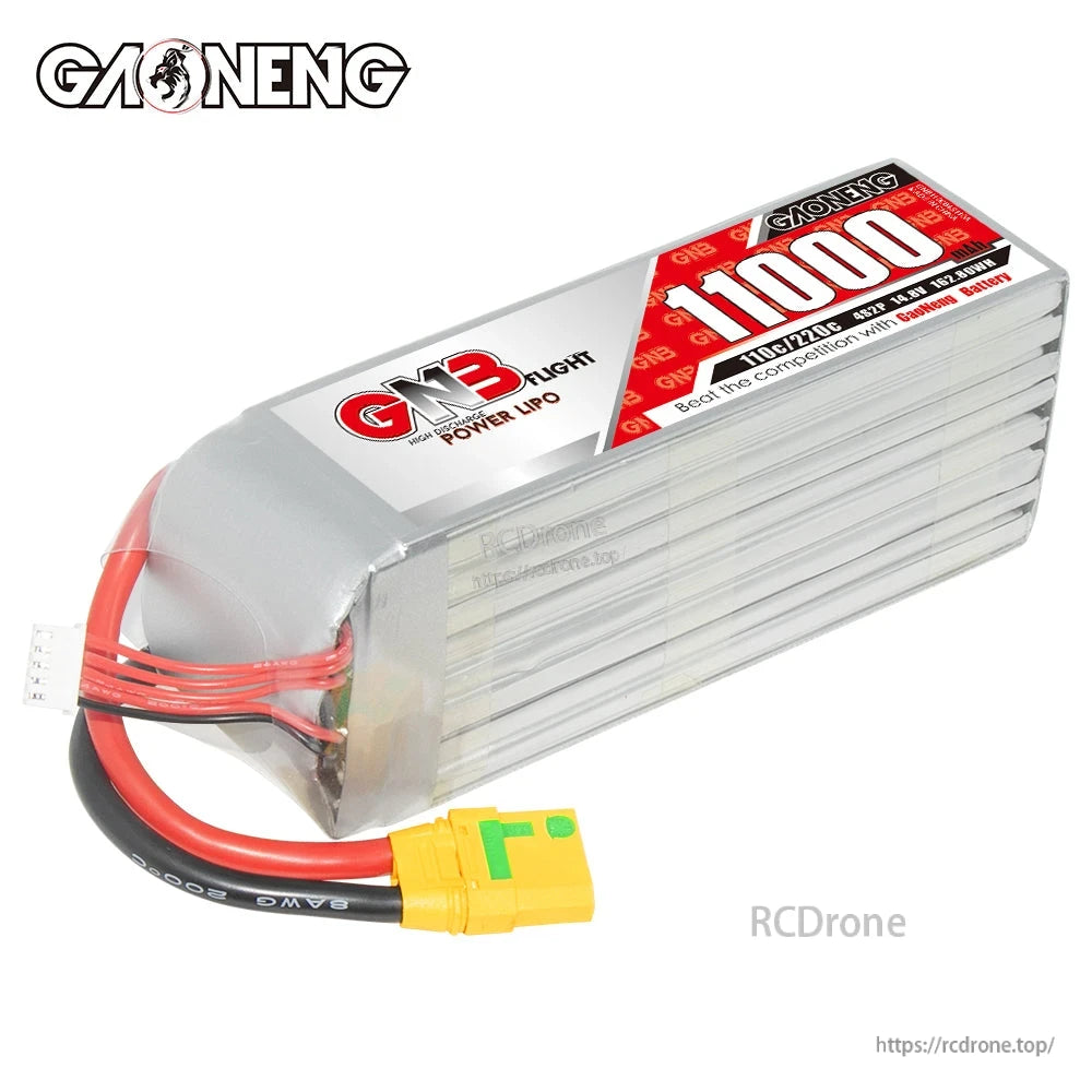 Angled rear view of GAONENG GNB 11000mAh LiPo showing end cap, wire bundle and XT90S plug