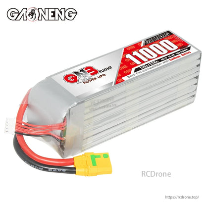 Angled rear view of GAONENG GNB 11000mAh LiPo showing end cap, wire bundle and XT90S plug