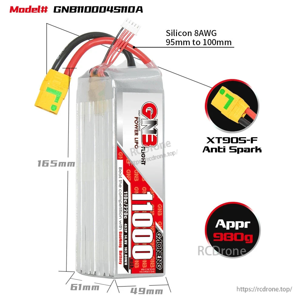 GNB11000 4S battery size diagram with 8AWG wire length, XT90S-F anti-spark plug, approx. 930g weight