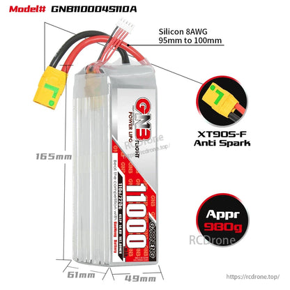 GNB11000 4S battery size diagram with 8AWG wire length, XT90S-F anti-spark plug, approx. 930g weight