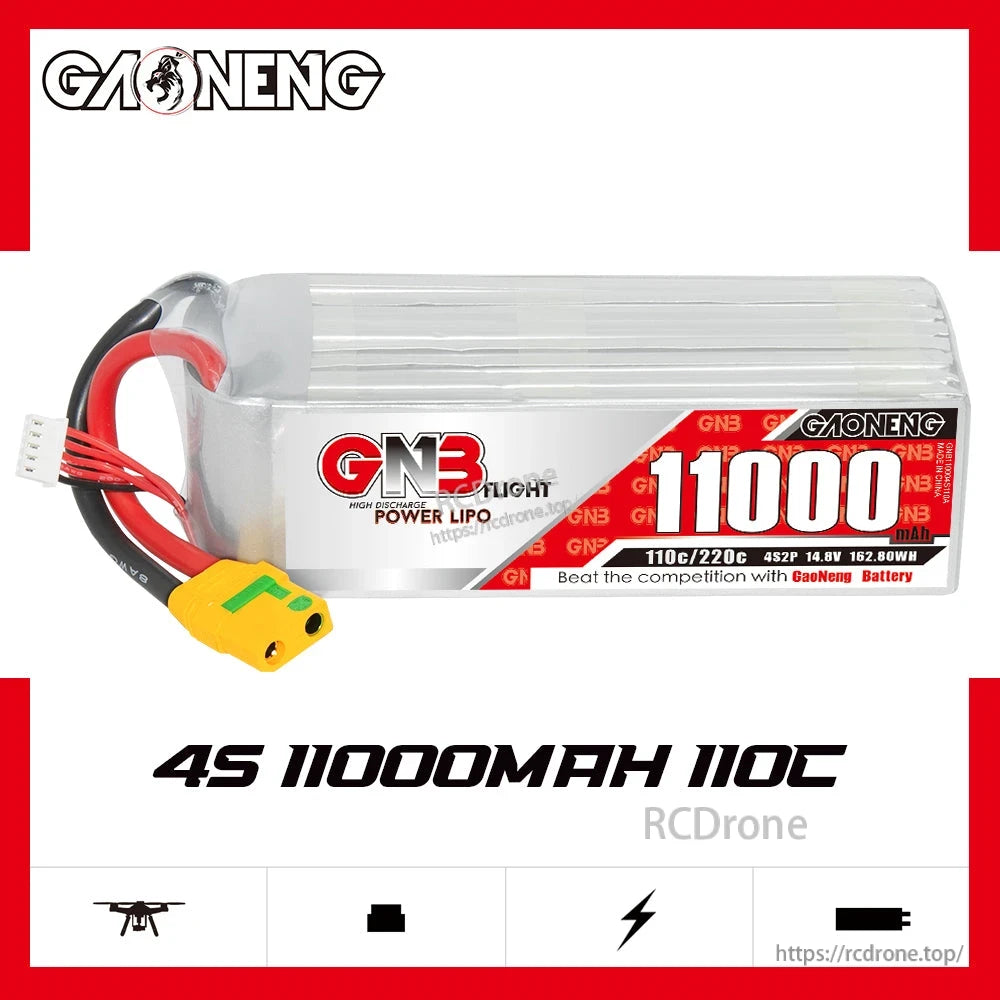 GNB 4S 11000mAh 110C RC LiPo battery front label view with leads and balance connector