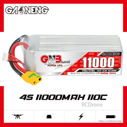 GNB 4S 11000mAh 110C RC LiPo battery front label view with leads and balance connector